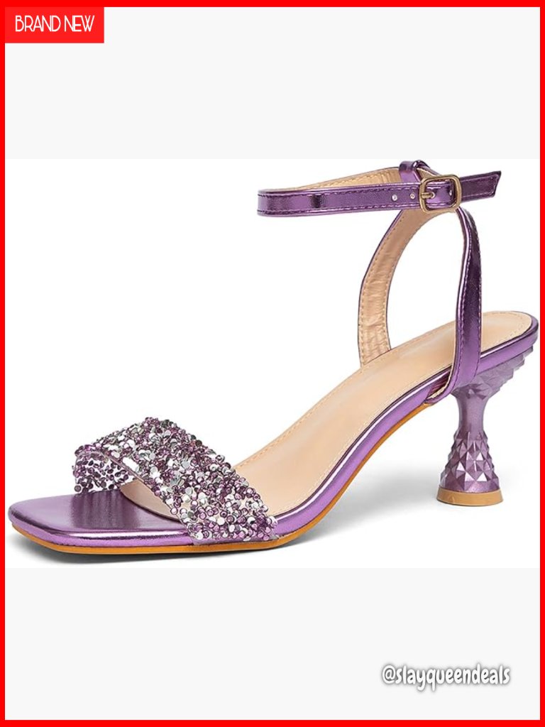 Glitter One Strap Kitten Heel Sandals Square Open Toe Anti-Slip Adjustable